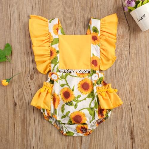 Baby Girls Sunflower Romper Cute Ruffle Sleeve Lace Summer Short Sleeve Kid Girl Jumpsuit Clothes