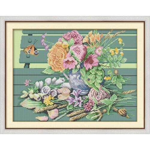 The vase and Wood chair Cross Stitch Kits Flower Printed patterns canvas Embroidery Needlework set Cross-stitch DIY Home Decor