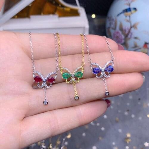 Natural green Emerald/red Ruby /blue sapphire gemstone pendant for necklace three color silver butterfly silver ornament gift