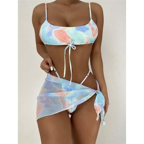 2021 New Sexy Tie Dye Bikini Female Swimsuit Women Swimwear Three-pieces Bikini set With Sarong Thong Bather Bathing Suit Swim