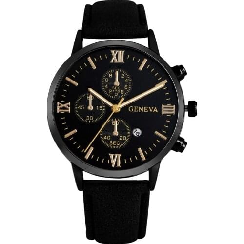 Charming Black/Golden/Rose Golden Analog Dial Watches Business Men Roman Numerals Watch Brown Leather Strap Dad Gifts