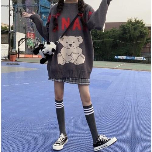 Bear Cute Womens Soft Knitted Sweater Pullovers Long Sleeve Fall,Winter Sweaters Cute Girls Loose Color Deep Grey