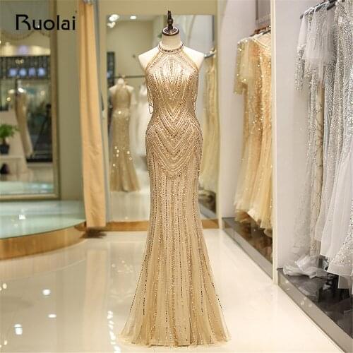 Luxury Evening Dress 2019 Halter Crystal Beaded Mermaid Prom Dresses Floor Length Formal Party Gown Robe de Soiree SQ13