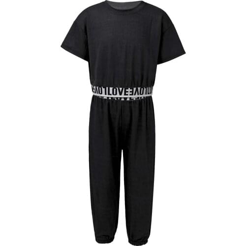 Teens Clothes Set Sport Korea Style Letters Print Two Piece Crop Top Pants Set Purple Black Sports Suit for Children 11 13 14 Y