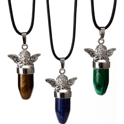 Creativity Angel Wings Alloy Shape Pendant Natural Crystal Bullet Necklace Christmas Jewelry Gifts For Women Men