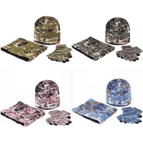 Unisex Winter 3Pcs Camouflage Knit Warm Beanie Hat Scarf Touch Screen Gloves Set