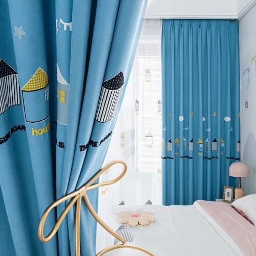 Blue Cartoon house Curtains for Kids Children Bedroom Kindergarten Living Room Chefney Embroidered white Sheer Curtain Drapes