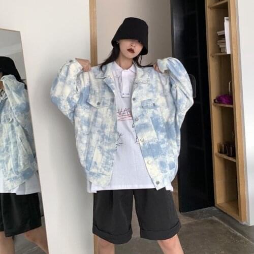 Vintage Denim Jacket For Women 2021 New Spring Long Sleeve Lapel Button Printing Autumn Korean Loose Blue Cazadora Vaquera