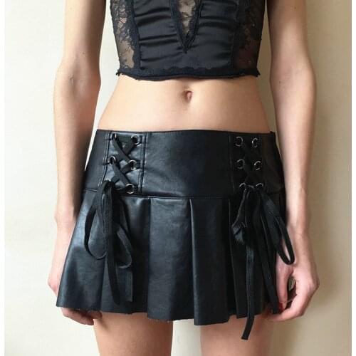 New Women Harakuku Punk Black Short Skirt Autumn Fashion PU Lace- Up High Waisted A-Line Pleated Mini Skirt Streetwear Girl