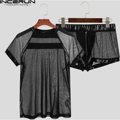 Men Pajamas Sets Mesh Pu Leather Patchwork Transparent Sexy Short Sleeve Tops & Boxers 2021 Homewear Men Nightwear Suits INCERUN