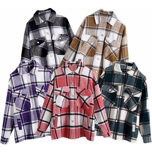 New Pop Fall Winter Women Jacket Plaid Full Sleeves Lapel Collar Pocket Vintage Check Coat Warm Outerwear Women Tops