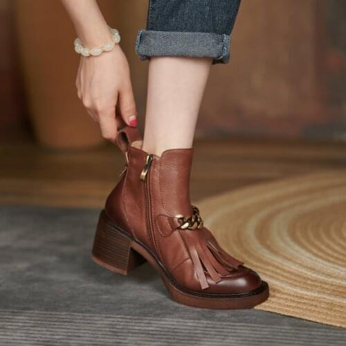 2021 Winter Fringe Boots Pumps Women Shoes Round Toe Thick Heel Women Modern Boots Heels Platform Boots Genuine Leather Retro