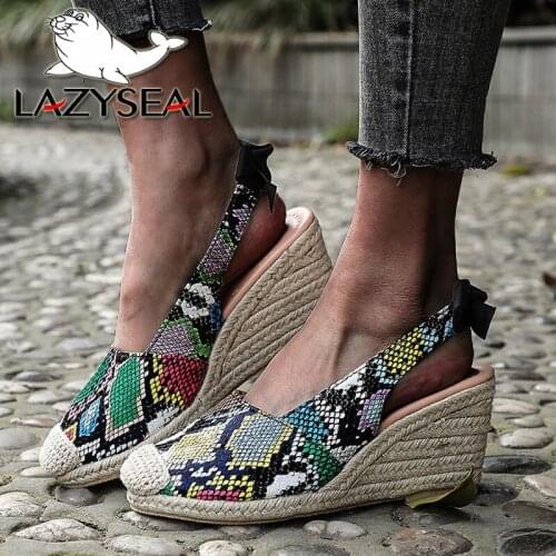 LazySeal 2021 Snake Gladiator Summer Shoes Woman Platform Sandals Slip-on Summer Round Toe Wedges Heels Butterfly-knot Shoes