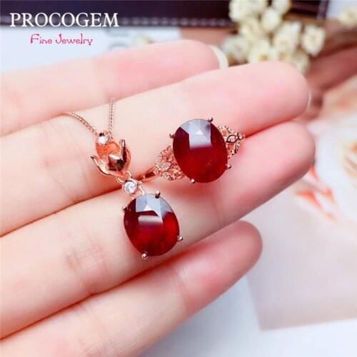 PROCOGEM 5A Natural Heated Ruby Jewelry sets for Women Ring Necklace 3.15ct X 2 genuine Red gemstones 925 Sterling Silver #750
