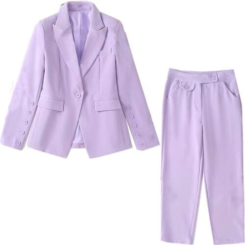2020 Autumn Vintage Lavender Back Slit Women Blazer CHIC High Waist Small Straight Pants Long Sleeve Suits 2 Pieces Set Coat