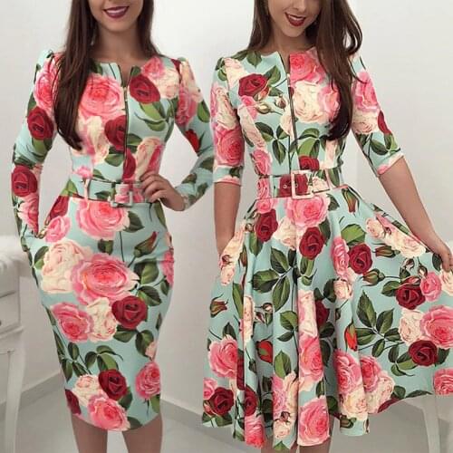 New Hot Women Floral Print 3/4 Sleeve Chiffon Casual Loose Party Vintage Dress Zipper Regular Size Pullover Summer Clothes