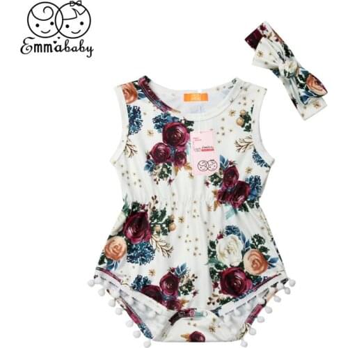 2019 Newborn Baby Girl Bodysuit Summer Kid Clothes Infant Floral Bodysuit+Headband Tassel Jumpsuit Toddler Baby Clothing 0-24M