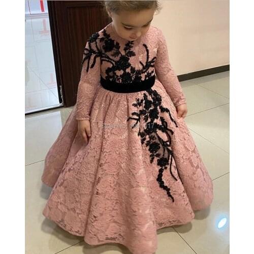 2020 Pink Flower Girls Dresses for Wedding O Neck Lace Appliques Spring Girls First Communion Dress Birthday Gown