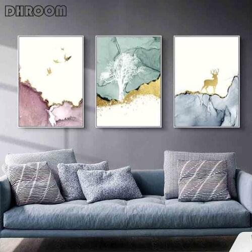 Abstract Golden Mountain Poster Nordic Landscape Flying Bird Canvas Print Wall Painting Modern Decorative Picture Home Decor