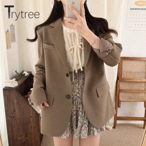 Trytree 2020 Autumn Winter Casual Womens Blazer Jacket Turn-down Collar Single Breasted Solid Office Lady Temperament Suit Coat