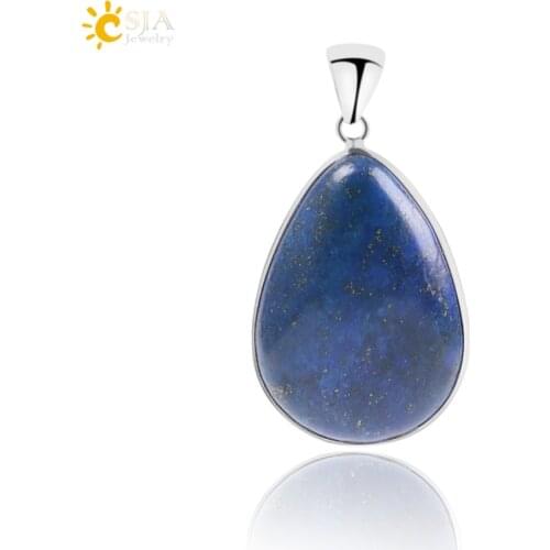 CSJA Reiki Healing Natural Gem Stone Water Drop Necklaces & Pendants Teardrop Lapis Lazuli Blue Beads for Men Femme Jewelry F052