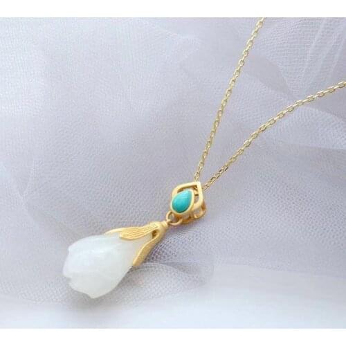 Natural Hetian Jade Magnolia White Jade Ancient Gold White Jade Pendant Womens S925 Sterling Silver Gold Plated Pendant Necklac