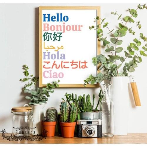 Hello In Different Languages Poster Minimalist Chinese Japanese French Letter Canvas Painting Wall Art Pictures for Kids Room