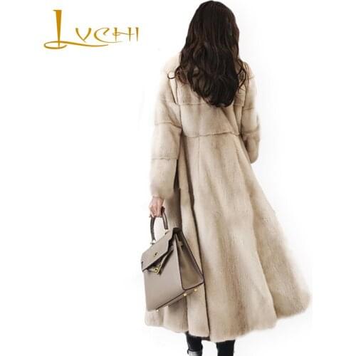 LVCHI Natural Fur Mandarin Collar Womens X-Long Tight Waist Mink Coat 2019 Imports Swan Velvet Mink Coat Real Mink Fur Coats