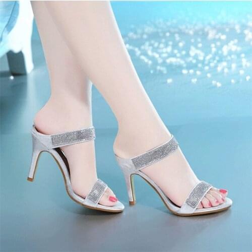 MAIERNISI Slingbacks Women Slipper Summer Sexy Rhinestone Sandals Silver Gold 7.5cm High Heel Slipper Female Outdoor Slippers