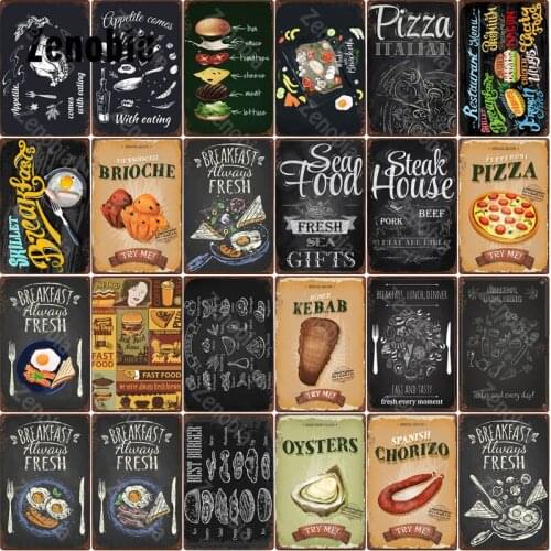 Metal Sign Pizza Breakfast Tin Sign Steak House Plaque Metal Poster Vintage Pizza Tin Plates Retro Pizza Shop Wall Decoration