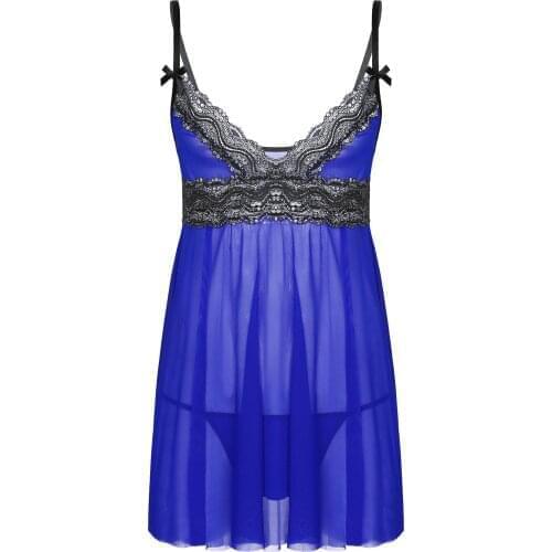 Mens Sissy Babydolls Sheer Lace Mesh Lingerie Costumes Spaghetti Straps Lace Trim Chemise Sleepwear Dress With Briefs Thongs