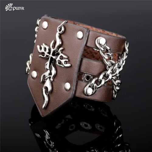 Men Genuine Leather Wrap Bracelet Multilayer 2016 Resizable With Stainless Steel Chain Punk Hiphop Wide Cuff Bracelet H1967G