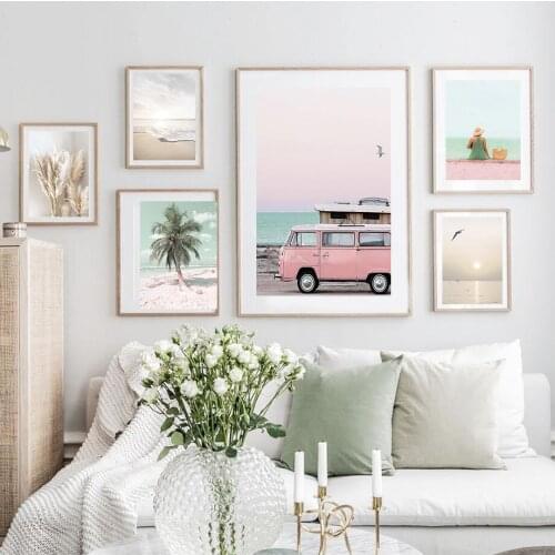 Sunset Summer Beach Landscape Wall Art Poster Grass Palm Tree Car Canvas Painting Prints Pictures for Living Room Home Decor