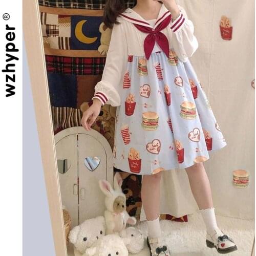 New Arrival Lolita Skirt Soft Girl Japanese Cute Bow Print Loose Colour Blocking Navy Collar Dress Girlfriends Dress