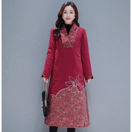 Thick Warm Winter Dress Cotton Printing Floral Robe Vintage Femme 2019 New Women Casual Long Dress Ethnic Vestidos AA4565