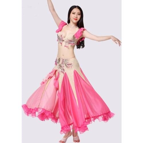 Size M-XL Women Professional Belly Dance 2pcs Outfit Bra Skirt Long Oriental Beaded Belly Dance Costume New arrivals 2018
