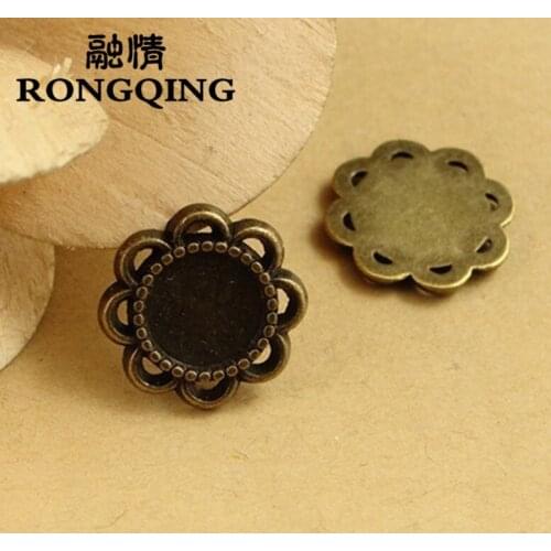 RONGQING 100pcs/lot Antique Bronze Round Flower Cabochon Setting 8mm Handmade Lacework Flower Cameo Cabochon Base Setting