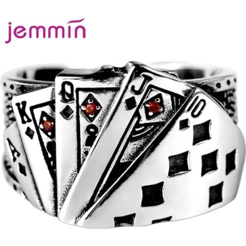 Unisex Creative Silver Open Ring Adjustable 925 Sterling Silver Ring Playing Card Men Boys Rock Hip Hop Party Gift Accessories