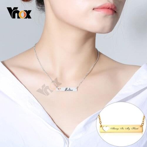Vnox Simple Hollow Heart Horizontal Bar Necklaces for Women Stainless Steel Custom Personalize Engrave ID Pendant Jewelry