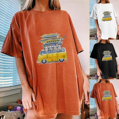 2021 New Funny Bus Print Drop Shoulder Women T Shirt Half Sleeve Summer Loose Long T-shirt for Woman Clothes Oversized Tee