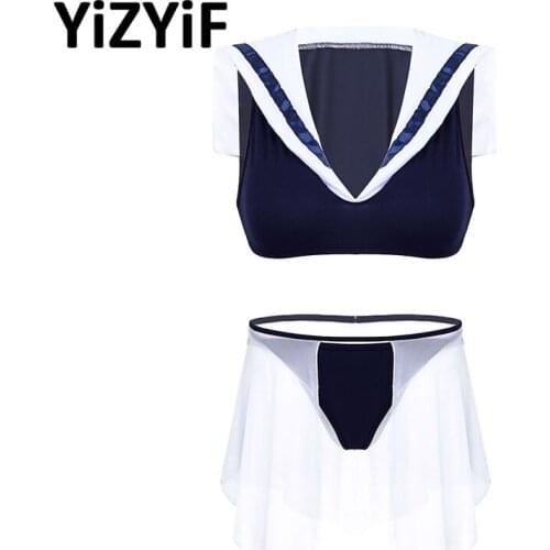 Women Schoolgirl Uniform Sexy Lingerie Set Sailor Outfit School Girls Cosplay Erotic Costume Crop Top G-string And Sheer Skirt