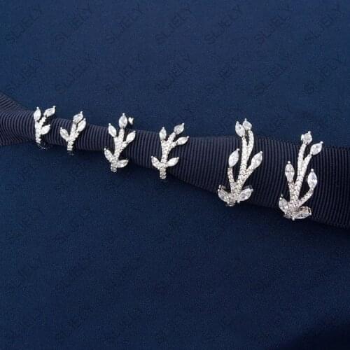 SLJELY Pure 925 Sterling Silver Shining Festival Leaf Earrings Micro Cubic Zirconia Stones Women Fashion Fine May Jewelry