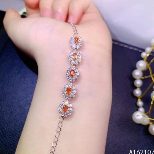 Fine Jewelry 925 Sterling Silver Inset With Natural Gemstone Womens Luxury Noble Flower Orange Sapphire Hand Bracelet Support D
