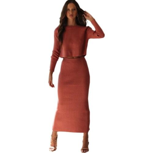 Two Piece Set Women Skirts Long Sleeve Crop Tops+Pencil Skirt 2 Piece Set Women Sweater+Knitted Skirt Set Winter Suit Outfits