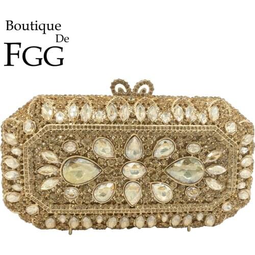 Boutique De FGG Elegant Bling Women Gold Crystal Clutch Evening Bags Wedding Party Rhinestone Box Handbags Minaudiere Purse