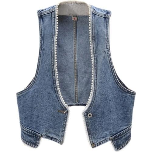 Womens Spring Autumn Sleeveless Pearl Beaded Vintage Blue Denim Vest Female Winter Plus Size Short Waistcoat 3XL TB340