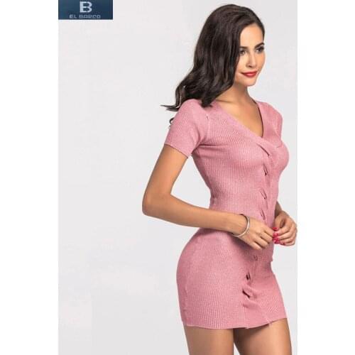 [EL BARCO] 2017 New Summer Deep V Neck Sexy Mini Dress Women Cotton Tops Gray Red Blue Pink Female Pencil Party Dress Vestido