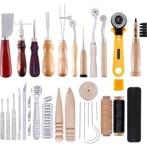 34PCS Leather Craft Tool Set Leather Stitching Carving Working Sewing Saddle Groover Leather Craft DIY Tool with Groover