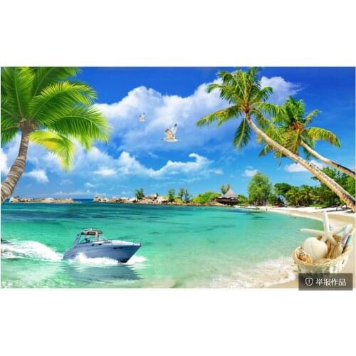 3d wallpaper Blue sky and white clouds beach sea view coconut tree natural scenery photo Wallpaper in the living room