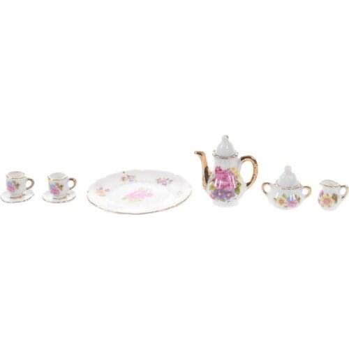 8pcs Dollhouse Miniature Dining Ware Porcelain Tea Set Dish Cup Plate -Pink Rose